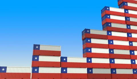 Flags of Chile on cargo containers making a rising graph. Industrial growth Illustration