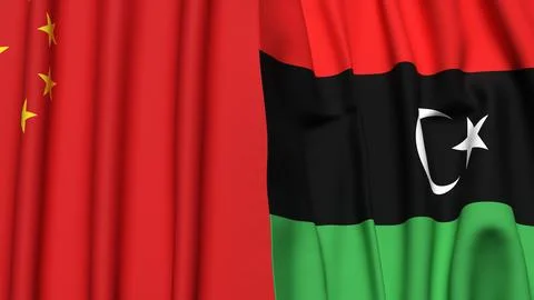Flags of CHINA and LIBYA with realistic cloth texture Stock Photos