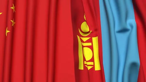 Flags of CHINA and MONGOLIA with realistic cloth texture Stock Photos
