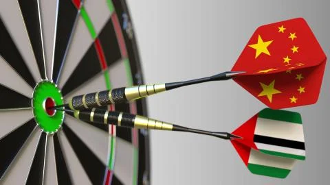 Flags of China and the UAE on darts hitting bullseye of the target Stock Illustration