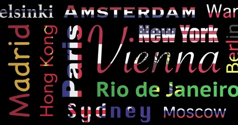 Flags colored pattern of cities names, loop, alpha Stock Footage 82145436