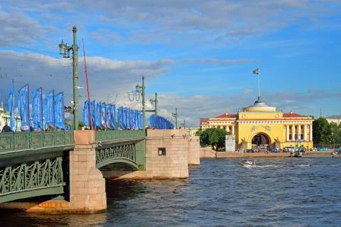 Flags of the Confederations Cup on the Palace bridge on the background of the Stock Photos