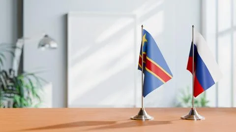 FLAGS OF CONGO DEMOCRATIC REPUBLIC AND RUSSIA ON TABLE Stock Photos