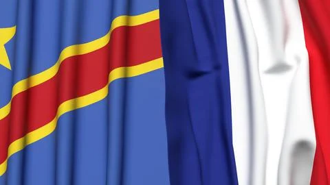 Flags of CONGO DEMOCRATIC REPUBLIC and FRANCE with realistic cloth texture Stock Photos