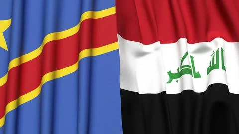 Flags of CONGO DEMOCRATIC REPUBLIC and IRAQ with realistic cloth texture Stock Photos