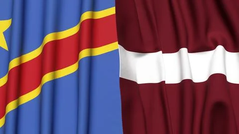 Flags of CONGO DEMOCRATIC REPUBLIC and LATVIA with realistic cloth texture Stock Photos