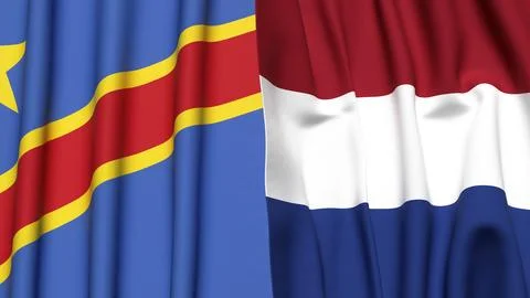 Flags of CONGO DEMOCRATIC REPUBLIC and NETHERLANDS with realistic cloth texture Stock Photos