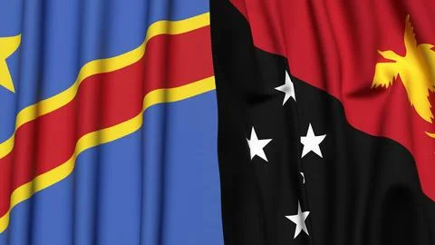 Flags of CONGO DEMOCRATIC REPUBLIC and PAPUA NEW GUINEA with realistic cloth Stock Photos