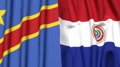 Flags of CONGO DEMOCRATIC REPUBLIC and PARAGUAY with realistic cloth texture Stock Photos