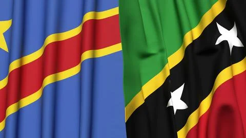 Flags of CONGO DEMOCRATIC REPUBLIC and SAINT KITTS with realistic cloth texture Stock Photos