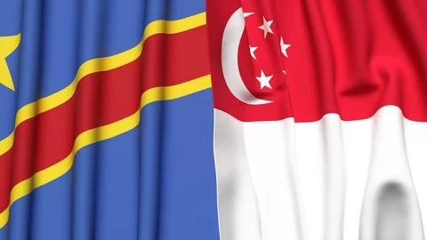 Flags of CONGO DEMOCRATIC REPUBLIC and SINGAPORE with realistic cloth texture Stock Photos