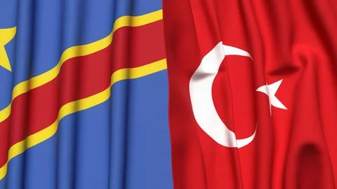 Flags of CONGO DEMOCRATIC REPUBLIC and TURKEY with realistic cloth texture Stock Photos