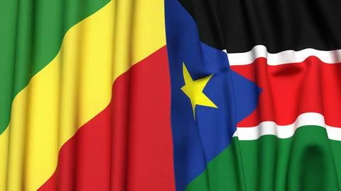 Flags of CONGO R and SOUTH SUDAN with realistic cloth texture Stock Photos