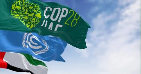 Flags of COP28, UNFCCC and UAE waving on a clear day. Stock Illustration