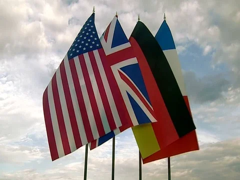 Flags of countries against the background of moving clouds Stock Footage 92747977
