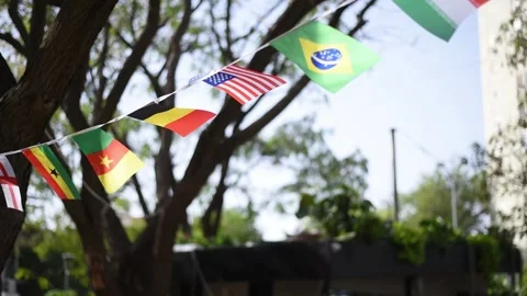 Flags of countries different colors and with symbols fluttering in wind in city. Stock Footage 221973803