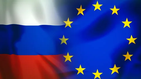 Flags of countries EU and Russia, European Union beside Russian Federation Video stock 221586181