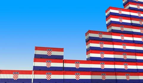 Flags of Croatia on cargo containers making a rising graph. Industrial growth Illustration