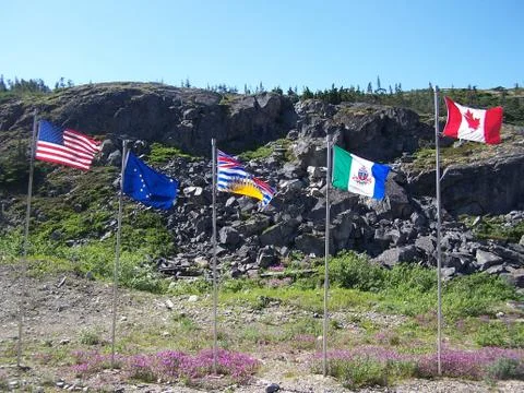 Flags at the Crossing US Border into Canada 스톡 사진