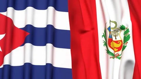 Flags of CUBA and Peru with realistic cloth texture Stock Photos