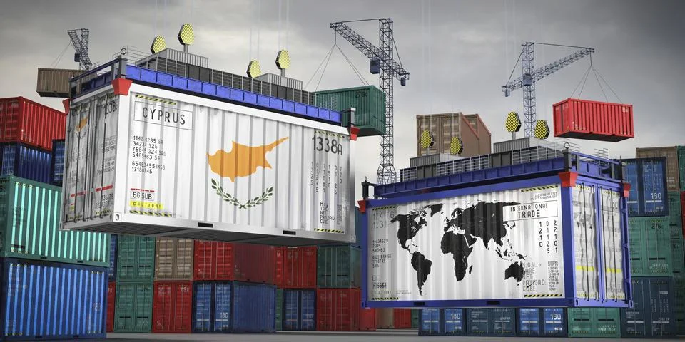 Flags of Cyprus and world map on cargo containers Stock Illustration