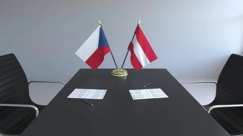 Flags of the Czech Republic and Austria and papers on the table. Negotiations Stock Illustration