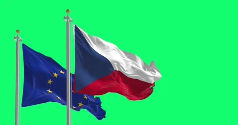 Flags of Czech Republic and the EU waving isolated on a green background. Stock Footage 229798168