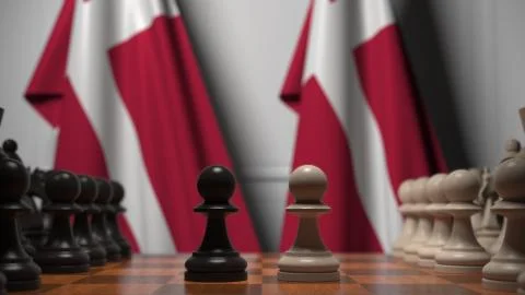 Flags of Denmark behind pawns on the chessboard. Chess game or political rivalry Stock Illustration