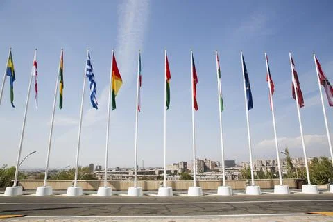 Flags of different countries against the sky Foto stock
