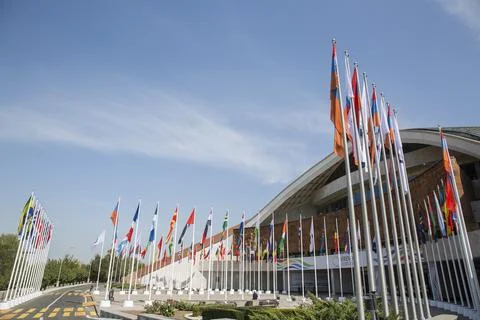 Flags of different countries against the sky Foto stock