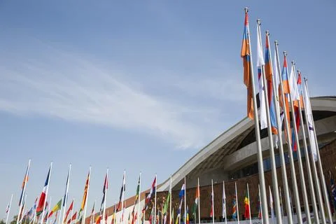 Flags of different countries against the sky Stock Photos