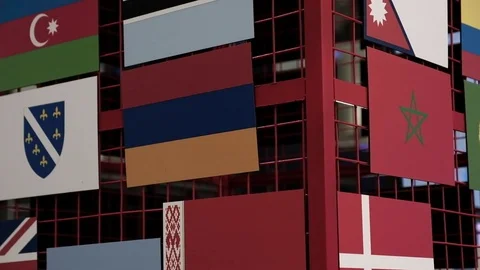 Flags of different countries attached to the stand Stock Footage 81457489