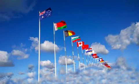 Flags of different countries, Australia, Belarus, Belgium, Bulgaria, Canada, Stock Photos