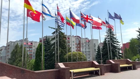 Flags of different countries on the background of buildings Stock Footage 245236555