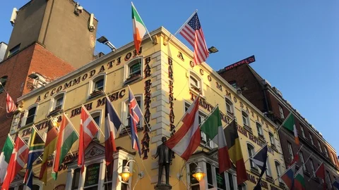Flags Of Different Countries On A Building In Temple Bar, Dublin, April 2018 Stock Footage 88558955