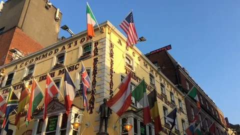 Flags Of Different Countries On A Building In Temple Bar, Dublin, April 2018 Stock Footage 88559009