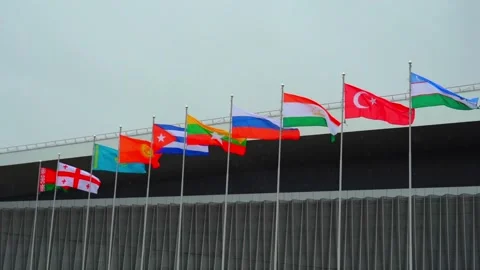 Flags of different countries display at an international event in an outdoor set Stock Footage 337530308