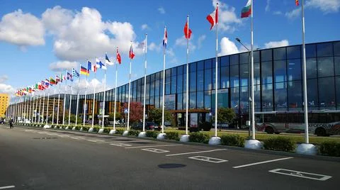 Flags of different countries on flagpoles against blue sky near Congress Stock Photos