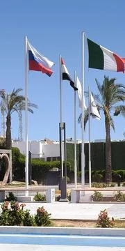 Flags of different countries on flagpoles in front of a hotel building with palm Stock Photos