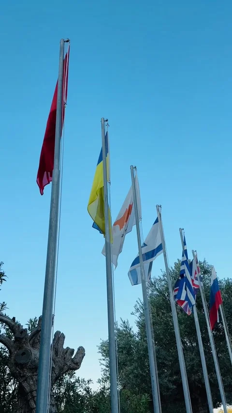 Flags of different countries on flagstaff. vertical 스톡 동영상 231106723