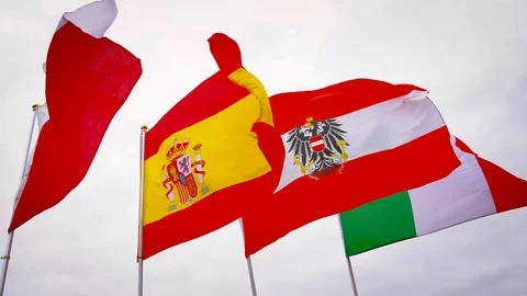 Flags of different countries flap in the wind Stock Footage 90519314