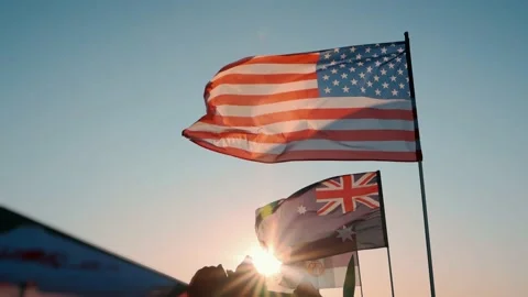 Flags of different countries fluttering in the wind in the rays of the sun Stock Footage 217378282