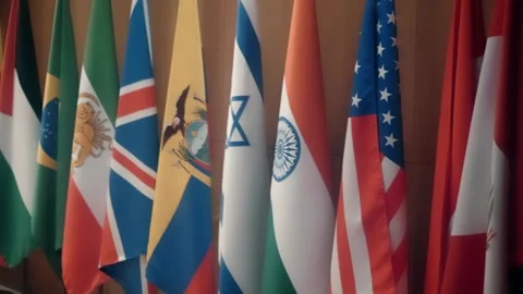 Flags of different countries gathered to sign important interstate treaties Stock Footage 323966853