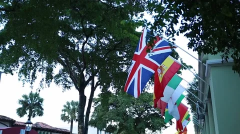 Flags from different countries hanging in street under trees Stock Footage 49747709