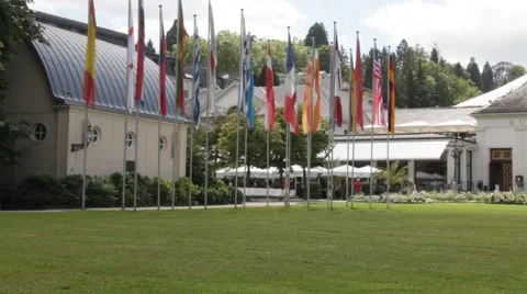 Flags of different countries near Kurhaus and Casino Baden-Baden. Stock Footage 40351704