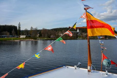 Flags from different countries on a ship Stock Photos