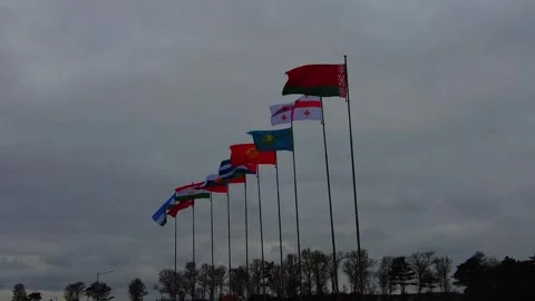 Flags from different countries stand tall in a cloudy sky during an outdoor even Stock Footage 337125481