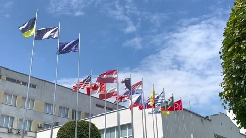Flags of different countries together on flagpoles Stock Footage 245236694