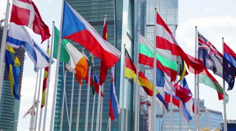 Flags of different countries waving in wind Stock Footage 54486291