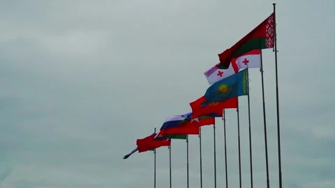 Flags of different countries waving in the wind at a public event during the aft Stock Footage 337524974